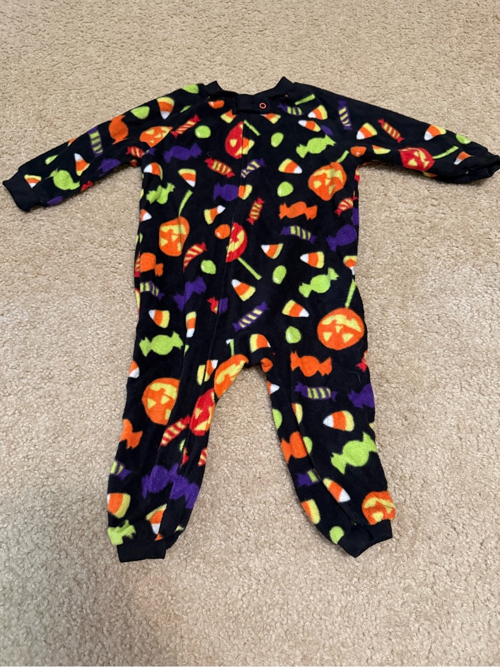 Celebrate It Halloween Candy Print Fleece Footie - Black, Orange, Green, Purple